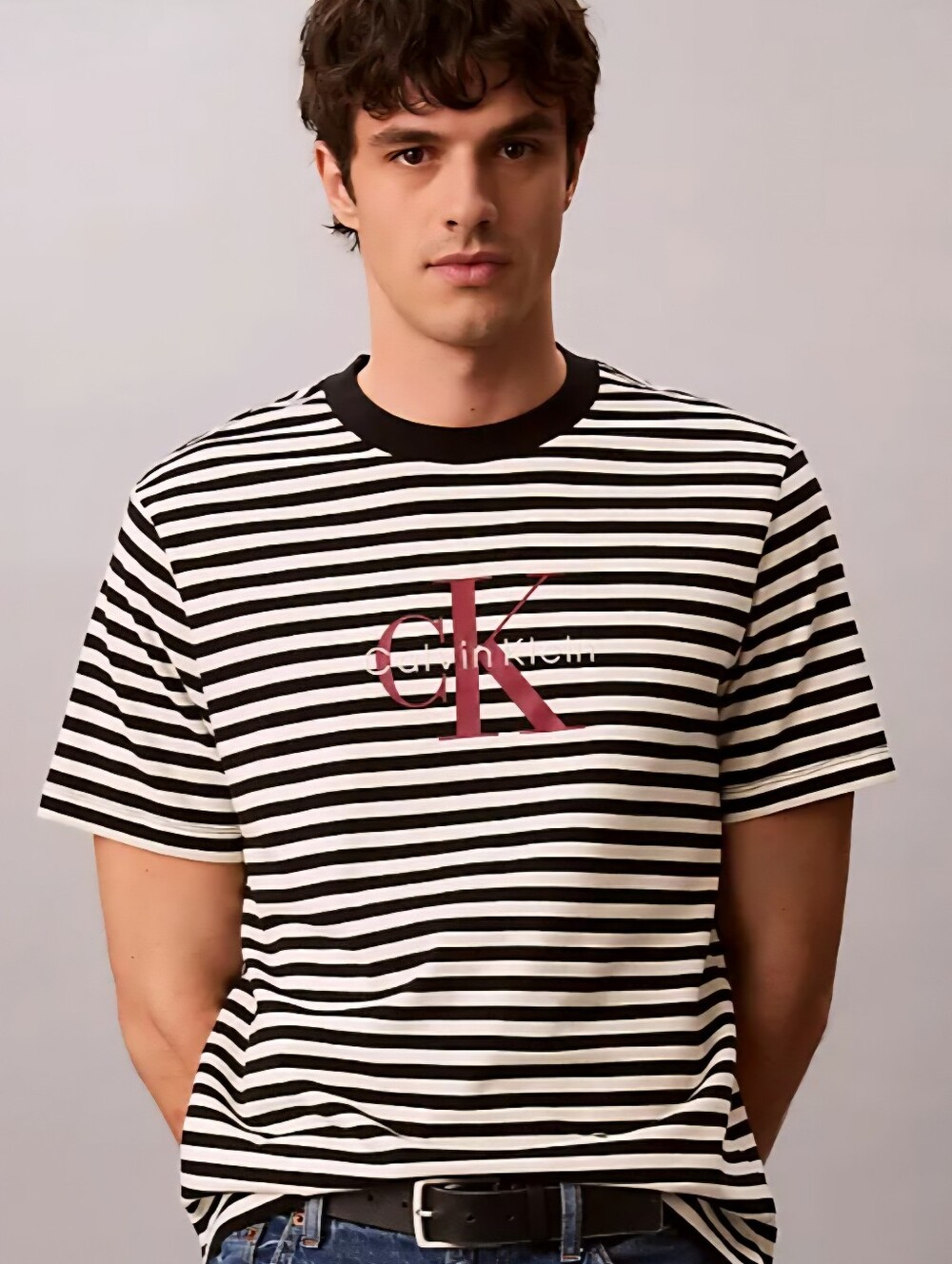 Calvin Klein Black & White Monogram Stripe Relaxed Tee with Red CK Logo XL NWT